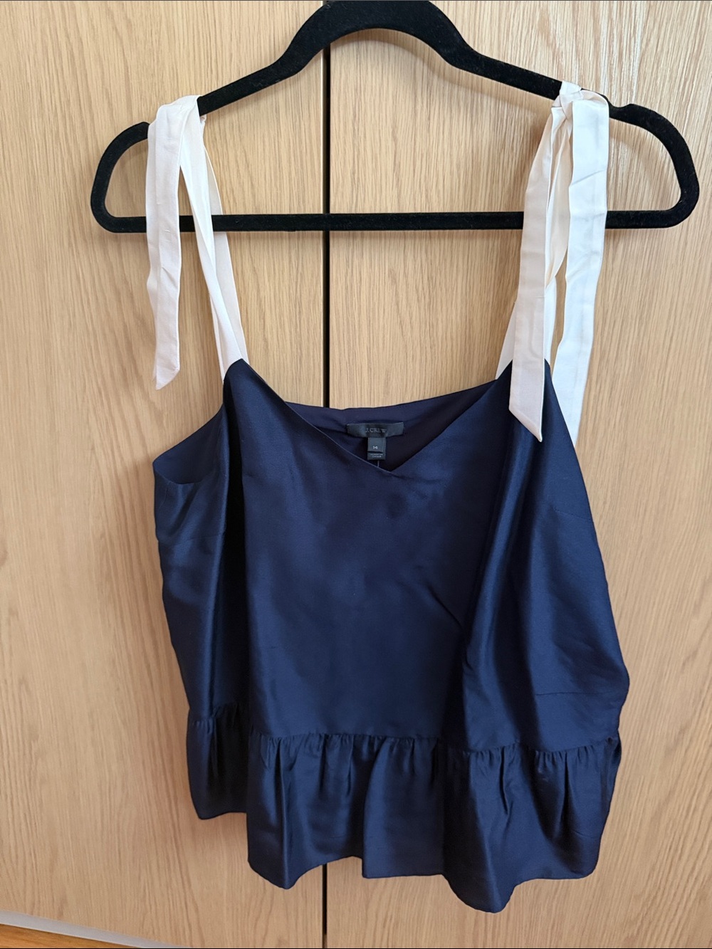 J. Crew 100% Silk Lined Navy Tank with White Tie-Strap Peplum